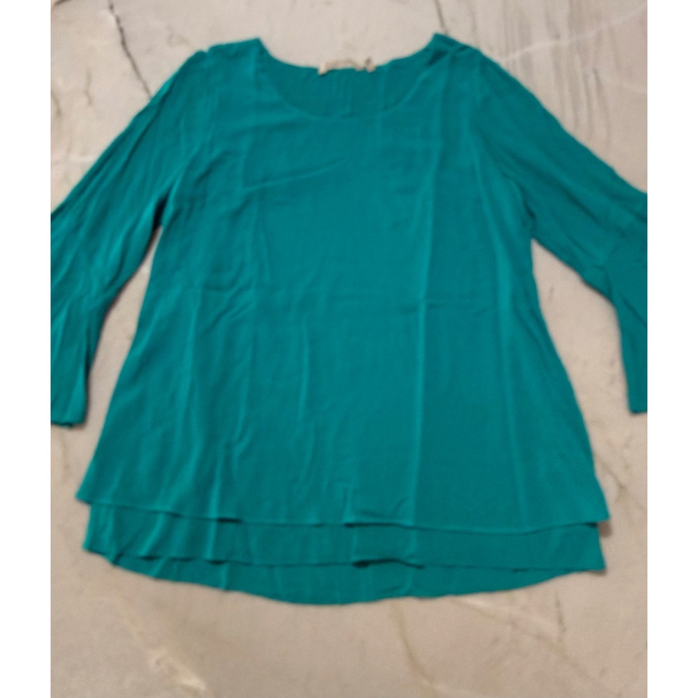 Soft Surroundings Teal Blue Rayon Layered Hem Bell Sleeve Tunic Blouse PM